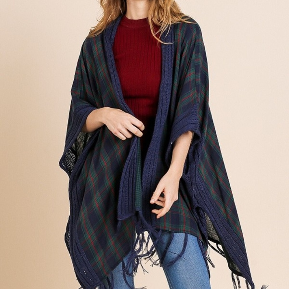 Umgee Plaid Fringe Open Front Kimono Cardigan - Picture 3 of 8